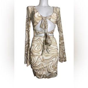 Princess Polly Baewatch Taupe/Brown & White Tie Front Long Sleeve Mini Dress S